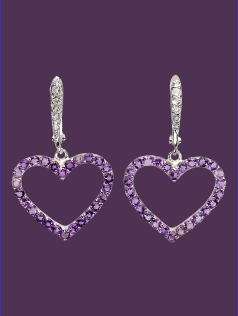 925 Sterling Silver Heart Earrings With Natural Amethyst 2mm Gem